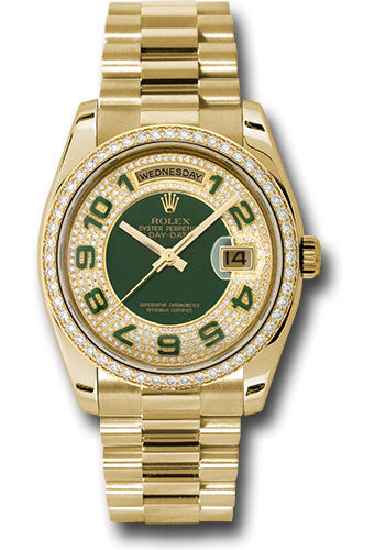 Rolex Yellow Gold Day-Date 36 Watch -  Bezel - Pave Edge Green Dial - President Bracelet - 118348 pgap