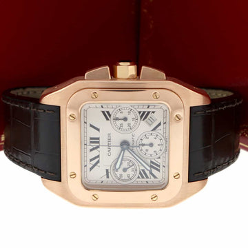Cartier Santos 100 XL 18K Rose Gold Silver Roman Dial Automatic Mens Watch W20131Y1