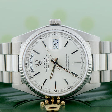 Rolex President Day-Date 18K White Gold 36MM Silver Stick Dial Automatic Watch 18039