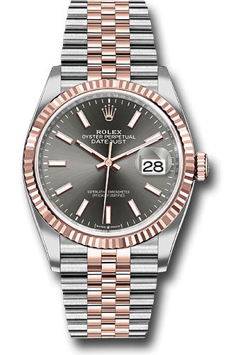 Rolex Steel and Everose Rolesor Datejust 36 Watch - Fluted Bezel - Dark Rhodium Index Dial - Jubilee Bracelet - 126231 dkrij