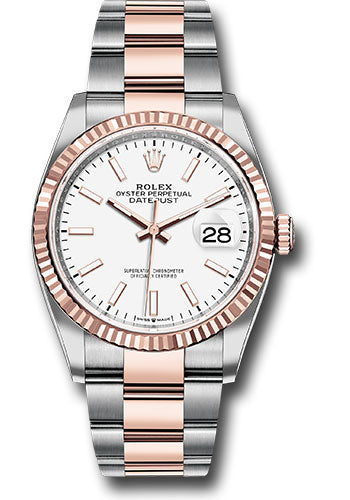Rolex Steel and Everose Rolesor Datejust 36 Watch - Fluted Bezel - White Index Dial - Oyster Bracelet - 126231 wio