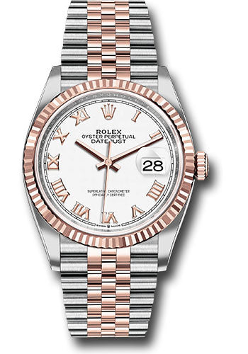 Rolex Steel and Everose Rolesor Datejust 36 Watch - Fluted Bezel - White Roman Dial - Jubilee Bracelet - 126231 wrj