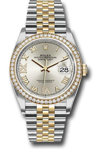 Rolex Steel and Yellow Gold Rolesor Datejust 36 Watch - Yellow Diamond Bezel - Silver Roman Dial - Jubilee Bracelet - 126283RBR sdr69j