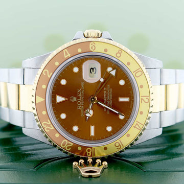 Rolex GMT-Master II 2-Tone Yellow Gold & Stainless Steel Root Beer Dial Automatic Mens Oyster Watch 16713
