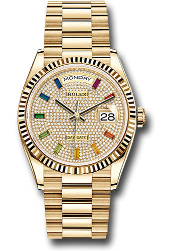 Rolex Yellow Gold Day-Date 36 Watch - Fluted Bezel - Diamond-Paved Rainbow Sapphire Dial - President Bracelet - 128238 dprsp