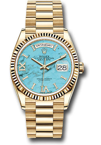 Rolex Yellow Gold Day-Date 36 Watch - Fluted Bezel - Champagne Index Dial - President Bracelet - 128238 tdidrp