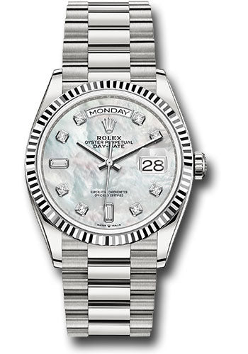 Rolex White Gold Day-Date 36 Watch Fluted Bezel Mother-of-Pearl Diamond Dial President Bracelet 128239 mdp