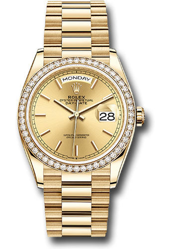 Rolex Yellow Gold Day-Date 36 Watch - Diamond Bezel - Champagne Index Dial - President Bracelet - 128348RBR chip