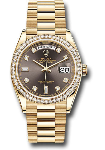 Rolex Yellow Gold Day-Date 36 Watch - Diamond Bezel - Dark Grey Diamond Dial - President Bracelet - 128348RBR dkgdp