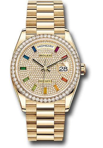 Rolex Yellow Gold Day-Date 36 Watch - Diamond Bezel - Diamond-Paved Rainbow Sapphire Dial - President Bracelet - 128348RBR dprsp