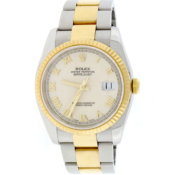 Rolex Datejust 2-Tone 18K Yellow Gold & Stainless Steel Cream Roman Dial 36MM Automatic Oyster Mens Watch 116233