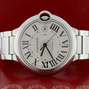 Cartier Ballon Bleu Large Stainless Steel 42MM Silver Roman Dial Automatic Mens Watch W69012Z4