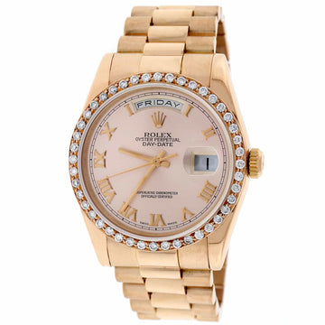 Rolex President Day-Date 18K Rose Gold Original Pink Roman Dial 36MM Automatic Mens Watch w/Custom 1.5Ct Diamond Bezel 118205