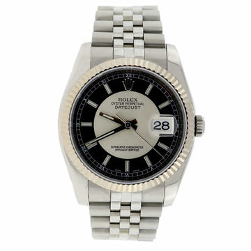 Rolex Datejust 18K White Gold Bezel Tuxedo Dial 36MM Automatic Stainless Steel Mens Watch 116234