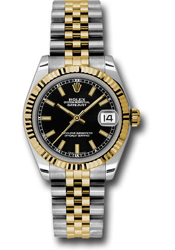 Rolex Steel and Yellow Gold Datejust 31 Watch - Fluted Bezel - Black I