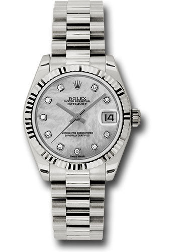 Rolex White Gold Datejust 31 Watch - Fluted Bezel - Mother-Of-Pearl Diamond Dial - President Bracelet - 178279 mdp