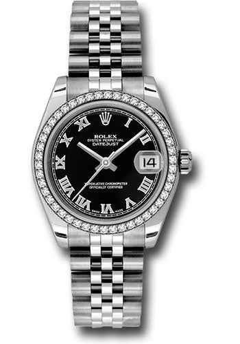 Rolex Steel and White Gold Datejust 31 Watch - 46 Diamond Bezel - Black Roman Dial - Jubilee Bracelet - 178384 bkrj