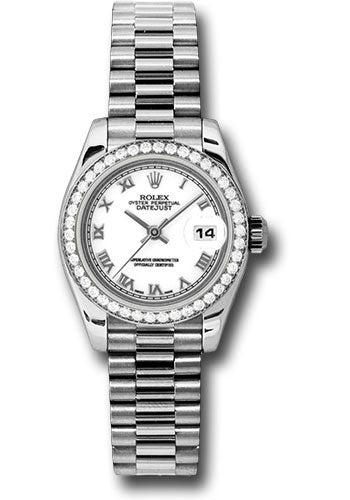 Rolex Platinum Lady-Datejust 26 Watch - 42 Diamond Bezel - White Roman Dial - President Bracelet - 179136 wrp
