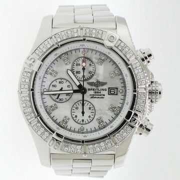 Breitling Super Avenger Chronograph White MOP Dial 48MM Watch with Custom Diamond Dial & Bezel A13370