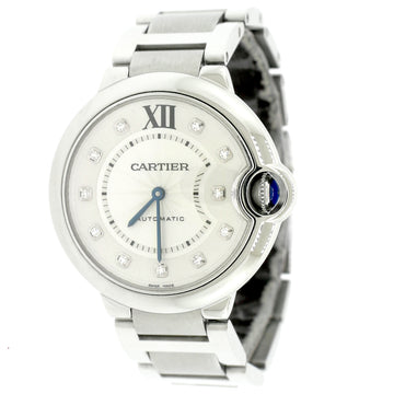 Cartier Ballon Bleu Silver Diamond Dial 36MM Stainless Steel Watch 3284