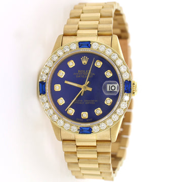 Rolex President Datejust Midsize 31MM Yellow Gold Watch w/Blue Diamond Dial & Bezel 68278