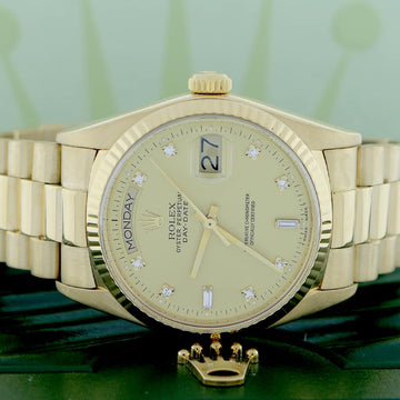 Rolex President Day-Date Original Champagne Diamond Dial 18K Yellow Gold Automatic Mens Watch 18038
