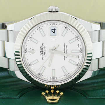 Rolex Datejust II 18K White Gold Fluted Bezel Factory Silver Index Dial 41MM Steel Oyster Mens Watch 116334
