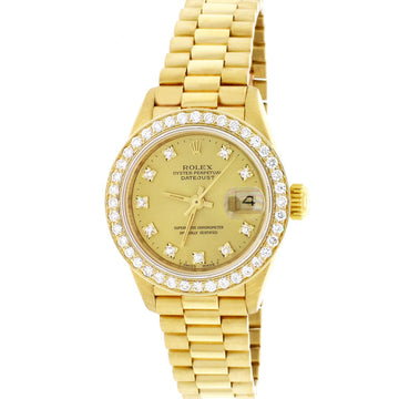 Rolex President Ladies 18K Yellow Gold 26MM Champagne Diamond Dial Watch 69178 w/Custom Diamond Bezel