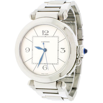 Cartier Pasha White Dial 42mm Automatic Exhibition Back Stainless Steel Watch W31072M7 w/Box&Papers