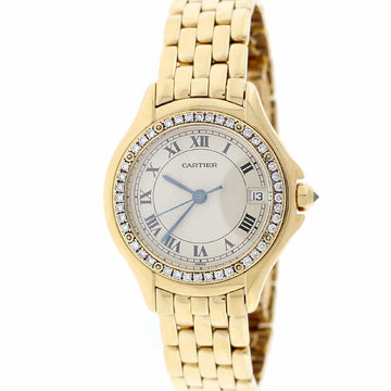 Cartier Cougar Date 18K Yellow Gold Original Diamond Bezel Silver Roman Dial 26MM Ladies Watch 887907