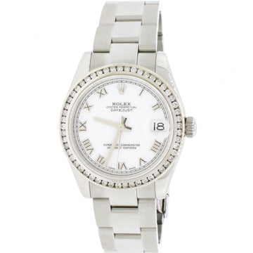Rolex Datejust Midsize Ladies 31MM White Roman Dial Automatic Stainless Steel Watch 178240 w/ Diamond Bezel