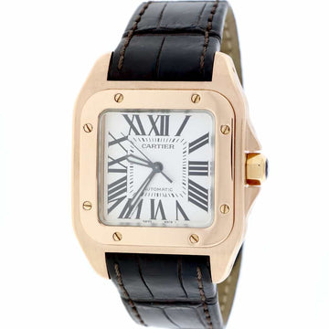 Cartier Santos 100 Midsize 18K Rose Gold Original Silver Roman Dial Automatic Watch W20108Y1