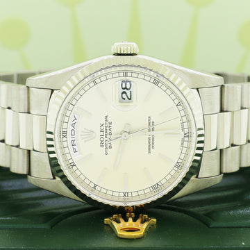 Rolex President Day-Date 18K White Gold 36MM Double-Quick Factory Silver Index Dial Automatic Mens Watch 18239