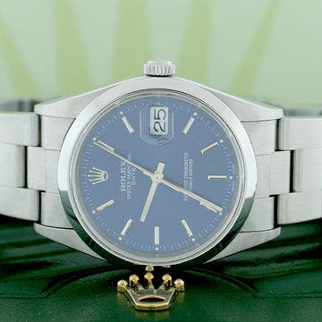 Rolex Oyster Perpetual Date 34mm Blue Stick Dial Automatic Stainless Steel Oyster Watch 15200