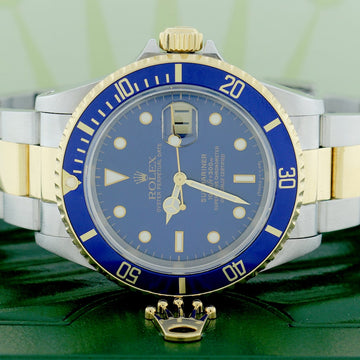 Rolex Submariner 2-Tone 18K Yellow Gold/Stainless Steel Blue Bezel & Dial Mens Oyster Watch 16613