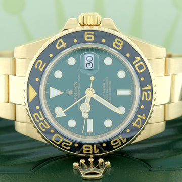 Rolex GMT-Master II 18K Yellow Gold Ceramic Bezel Green Dial 40MM Automatic Mens Oyster Watch 116718 Box & Papers