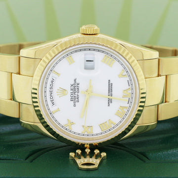 Rolex President Day-Date 18K Yellow Gold Factory White Roman Dial 36MM Automatic Mens Oyster Watch 118208