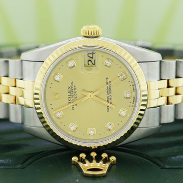 Rolex Datejust 2-Tone 18K Yellow Gold/Stainless Steel Jubilee Factory Champagne Diamond Dial 31mm Womens Watch 68273 No Holes