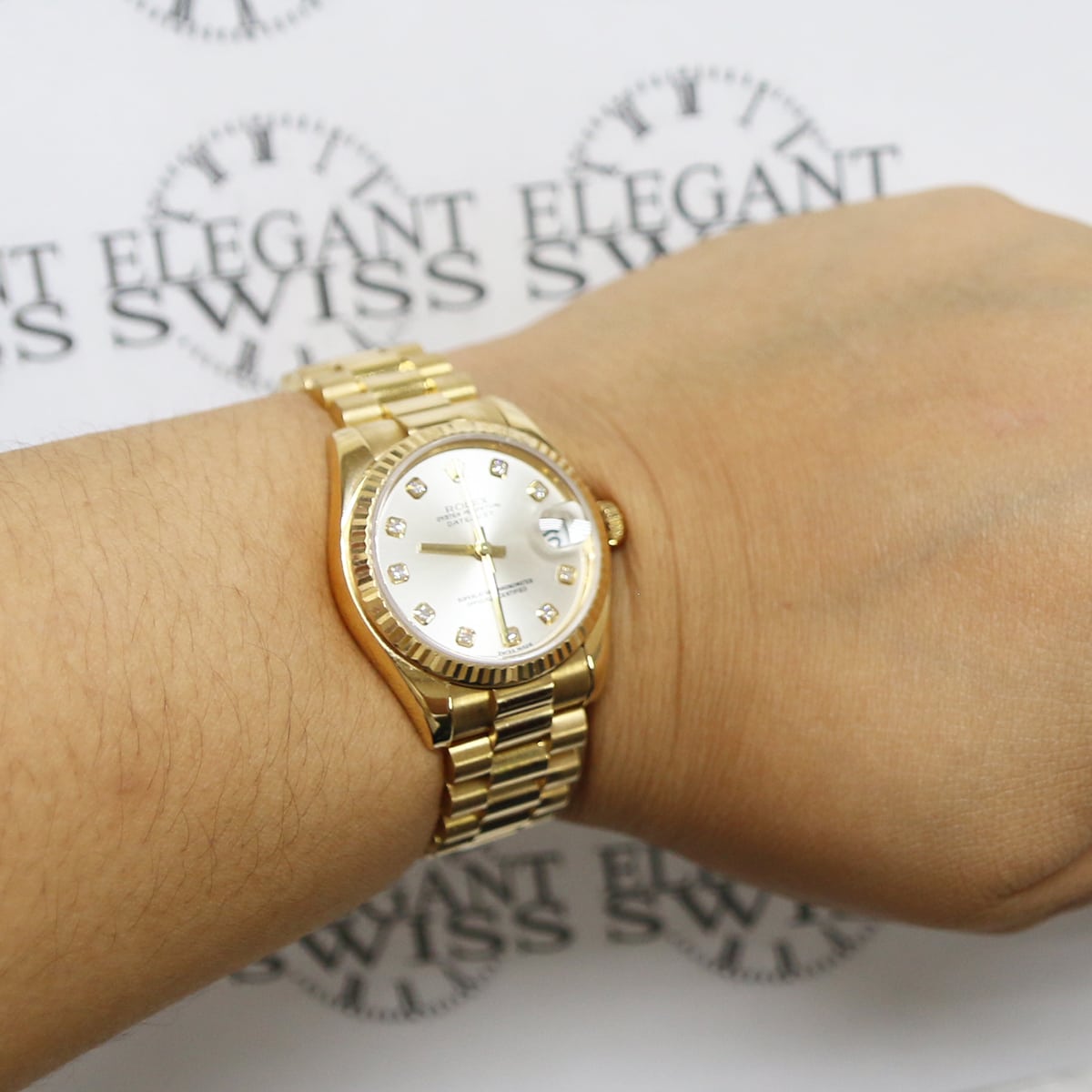 Rolex President Datejust 31mm Midsize 18K Yellow Gold Rolex Silver Diamond Dial Fluted Bezel Automatic Watch 178248