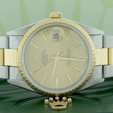 Rolex Oyster Perpetual Date 2-Tone 18K Yellow Gold/Stainless Steel 34MM Champagne Stick Dial Watch 15223