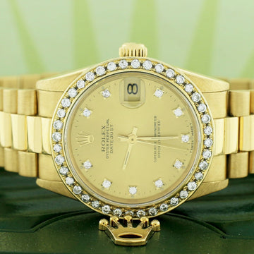 Rolex President Datejust Midsize 18K Yellow Gold Original Champagne Diamond Dial 31MM Automatic Watch 68278 w/Diamond Bezel