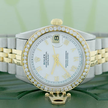 Rolex Datejust 2-Tone 18K Yellow Gold/Stainless Steel Original White Roman Dial 31mm Womens Jubilee Watch 68273 w/Diamond Bezel