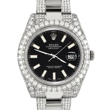Rolex Datejust II 41mm 10.3CT Pave Diamond Bezel/Case/Bracelet/Black Index Dial Steel Watch 116300 Box Papers