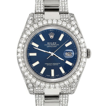 Rolex Datejust II 41mm 10.3CT Pave Diamond Bezel/Case/Bracelet/Blue Index Dial Steel Watch 116300 Box Papers
