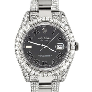 Rolex Datejust II 41mm 10.3CT Pave Diamond Bezel/Case/Bracelet/Gray Roman Dial Steel Watch 116300 Box Papers