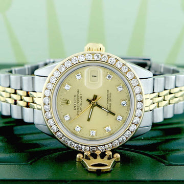 Rolex Datejust Ladies 2-Tone 18K Gold/Stainless Steel Original Champagne Diamond Dial 26mm Automatic Watch w/Diamond Bezel