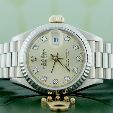 Rolex President Datejust Ladies Original Silver Diamond Dial 18K White Gold 26MM Automatic Watch 69179