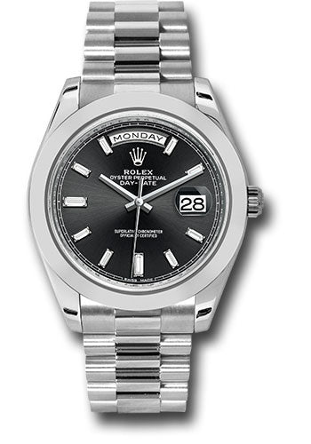 Rolex 950 Platinum Day-Date 40 Watch - Smooth Bezel - Black Baguette Diamond Dial - President Bracelet - 228206 bkbdp