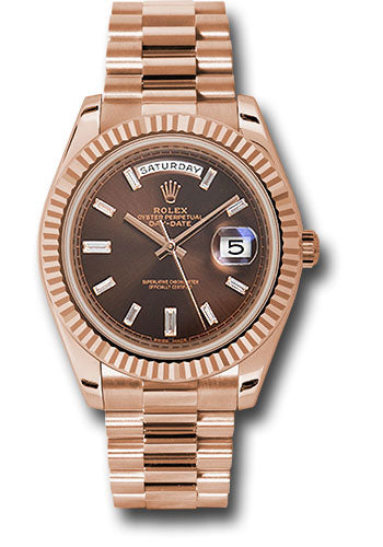 Rolex Everose Gold Day-Date 40 Watch - Fluted Bezel - Chocolate Baguette Diamond Dial - President Bracelet - 228235 chbdp