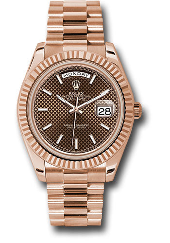 Rolex Everose Gold Day-Date 40 Watch - Fluted Bezel - Chocolate Diagonal Motif Index Dial - President Bracelet - 228235 chodmip